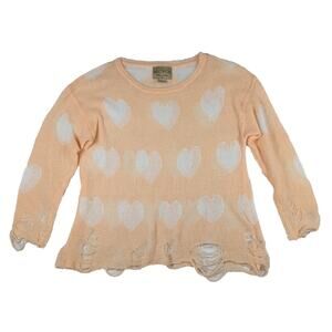 WildFox Distressed Peach Sweater with White Hearts Size